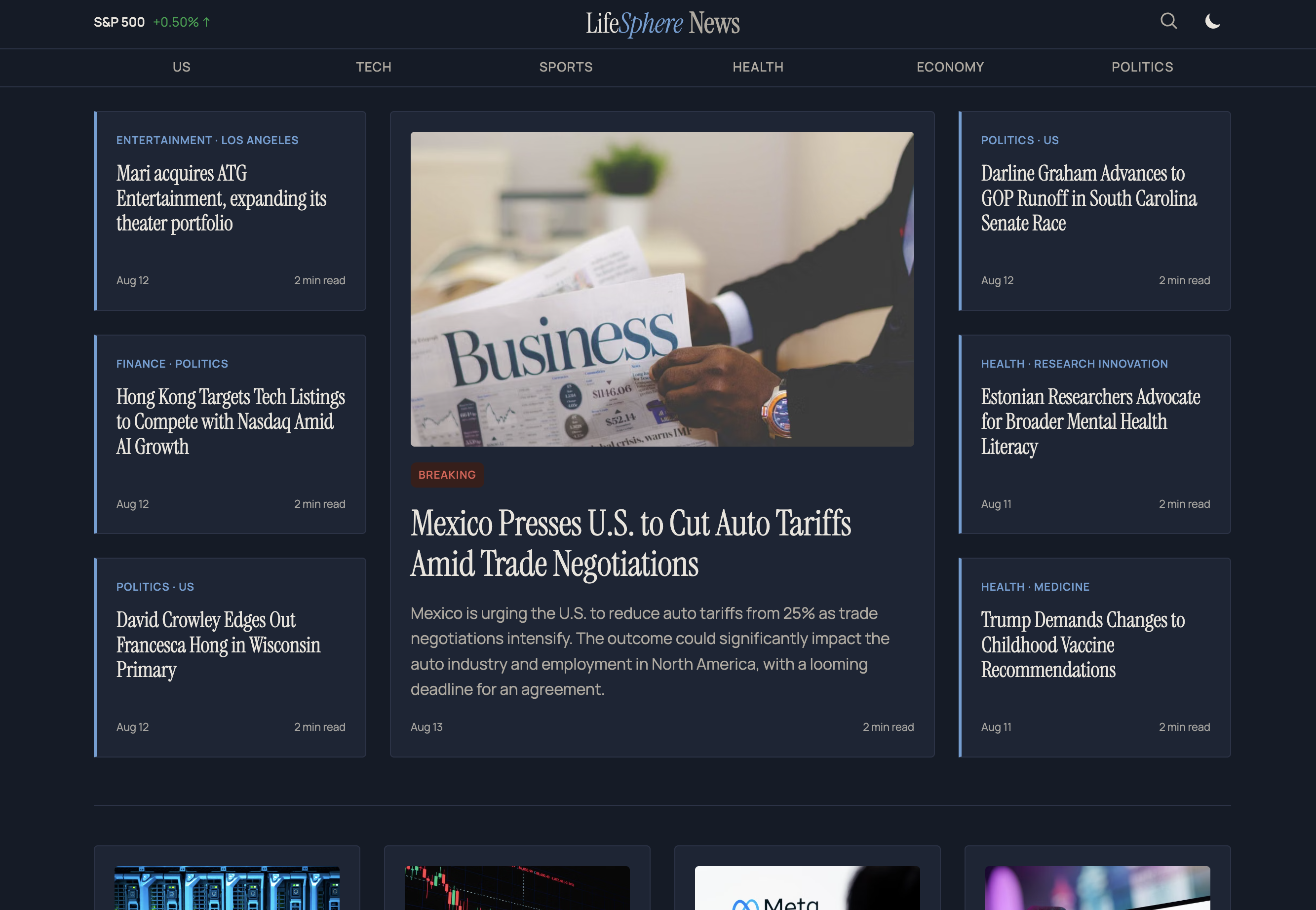 LifeSphere News landing page showing its news dashboard